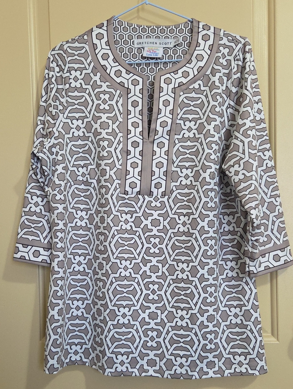 Gretchen Scott Designs Taupe and White Patterned Tunic